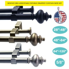 Round Urn Adjustable Double Drapery Curtain Rod Set 28″-48″/ 48″-84″/ 84″-120″
