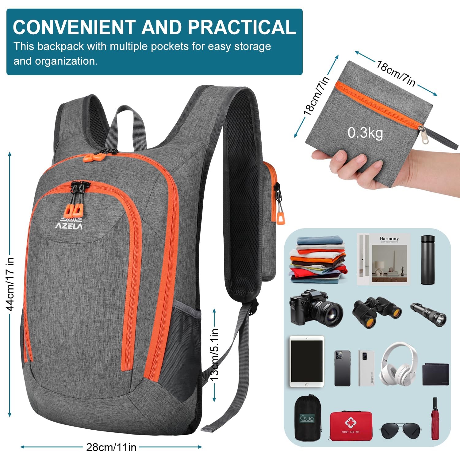 15L Small Hiking Backpack Foldable Lightweight Travel Day Pack Packable Gray 4