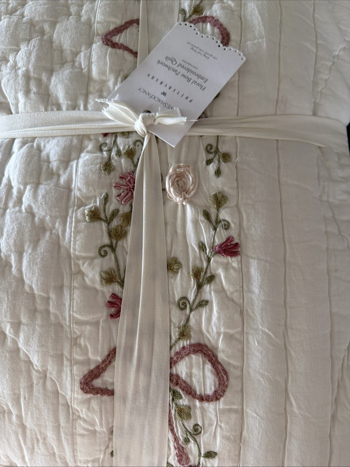 3 PCs Set Pottery Barn LoveShackFancy Bow Embellished Quilt Queen + 2 Euro Shams gallery