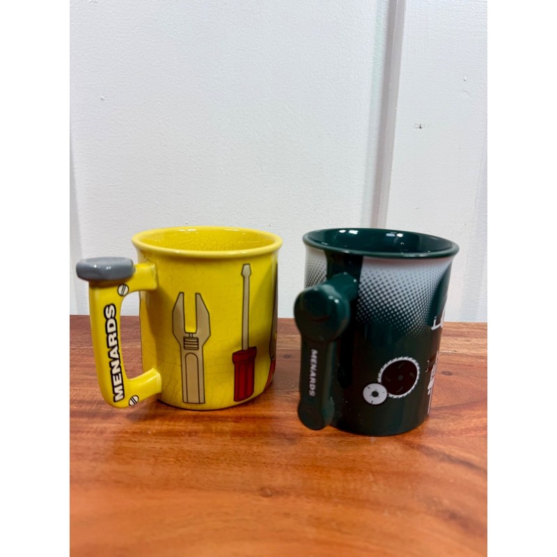 Menards Coffee Mug 3D Tools Graphic Set of 2 Yellow & Green Tool Handles Ceramic gallery