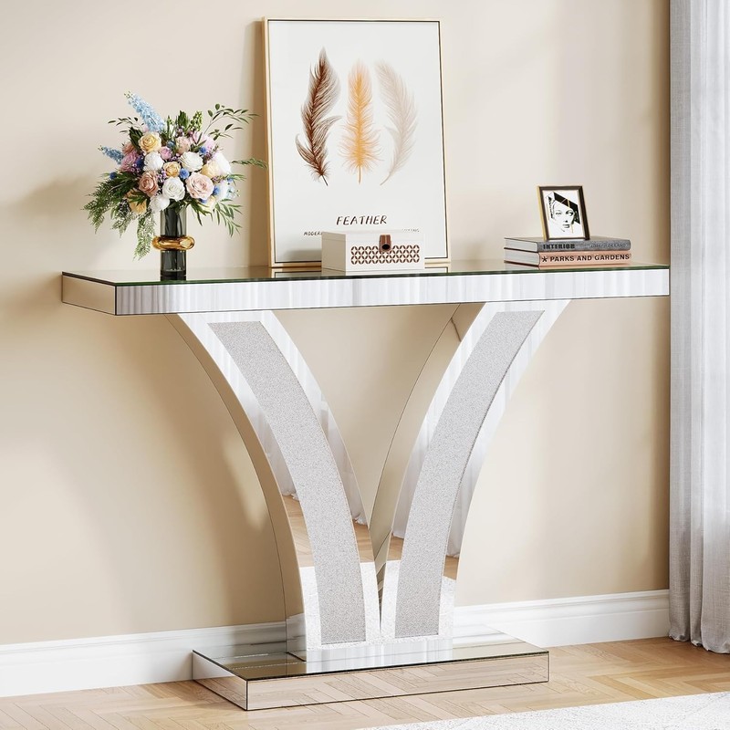 40"Sliver Mirrored Console Table, Modern Entryway Sofa Table with Crystal Frames gallery