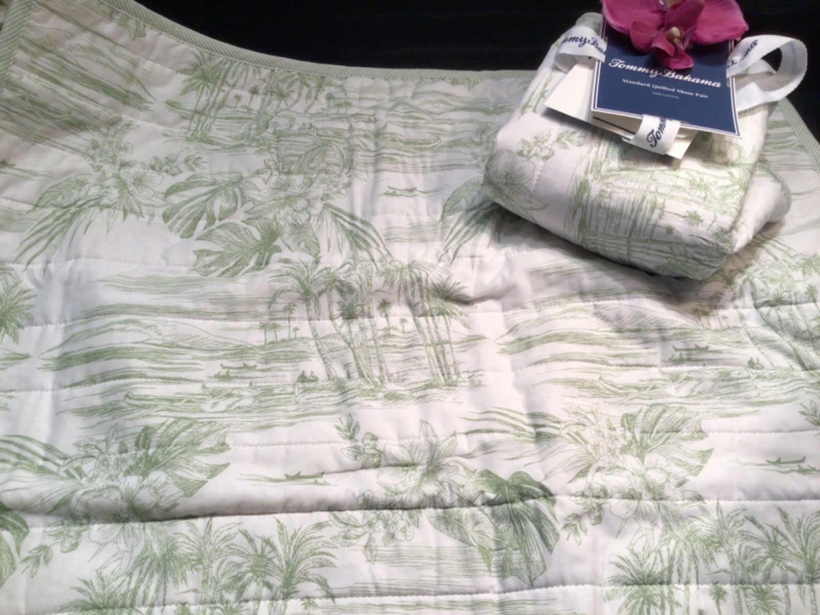 Tommy Bahama Standard Quilted Sham 2 PC Set Beach Bluff Toile Green NEW gallery
