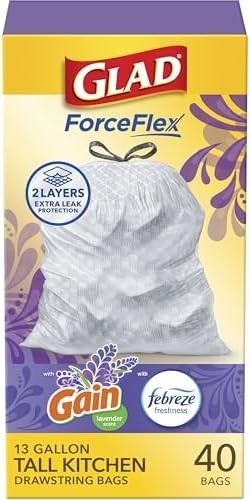 Glad ForceFlex Tall Kitchen Trash Bags, 13 Gallon, Gain Lavender, 40 Count gallery