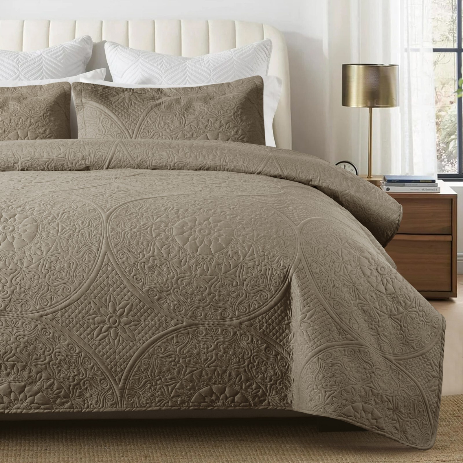 3 Piece Embossed Quilted Bedspread Reversible Queen King Size Coverlet Bed Throw gallery