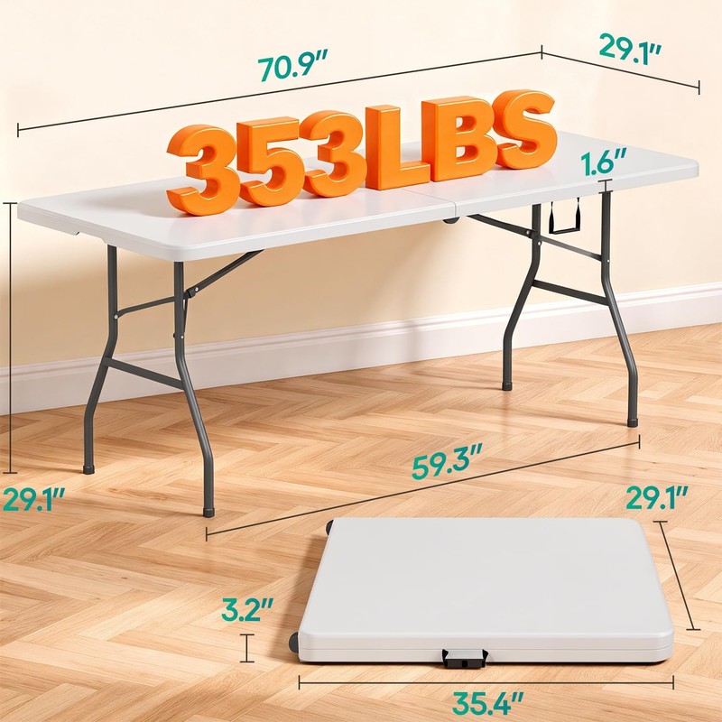 FDW 6FT Folding Table, Portable Fold-in-Half Plastic 6 FT 70"x29", White gallery