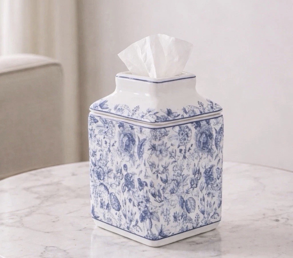 Blue & White Floral Ceramic Tissue Box Holder Floral Vintage Design Roses gallery