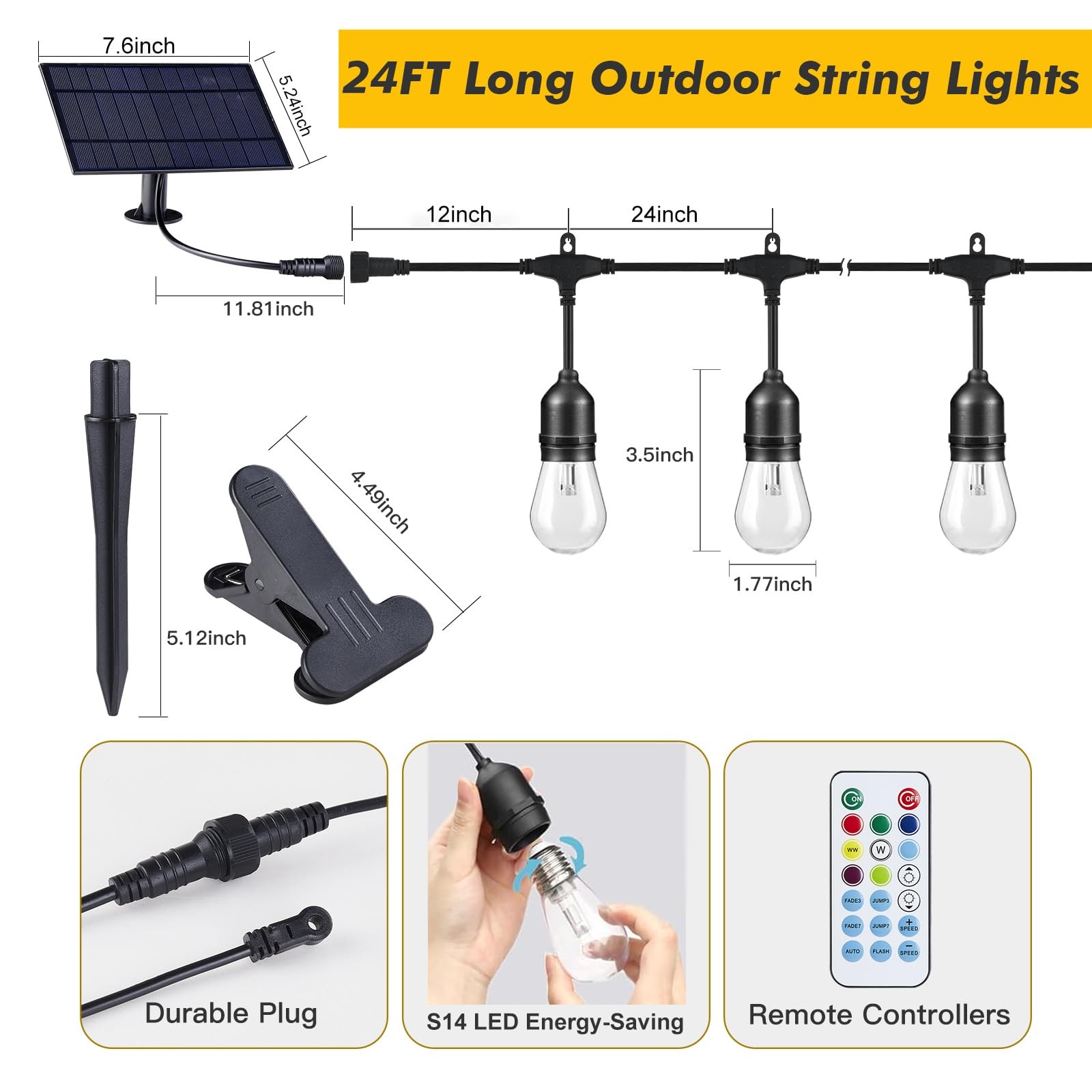 24FT RGB Outdoor String Lights, Dimmable Color Changing Waterproof LED Patio ... gallery