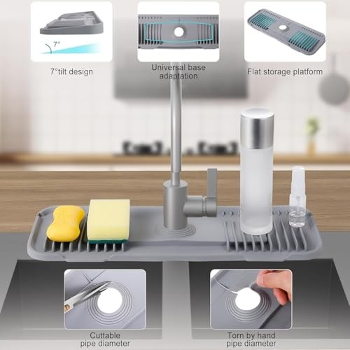 2nd Generation Silicone Faucet Mat, For Faucets with Deck Plate (Light Grey) gallery