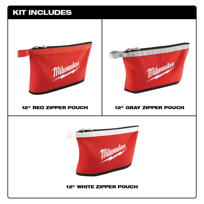 Milwaukee Low-Profile Backpack 14" 22 Pockets w/ (3-Pack) 12" Zipper Tool Bags gallery