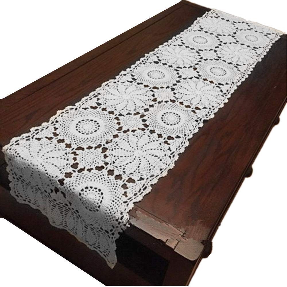 Rustic Floral Table Runner Hand Crochet Table Doily White Cotton Lace Table D...