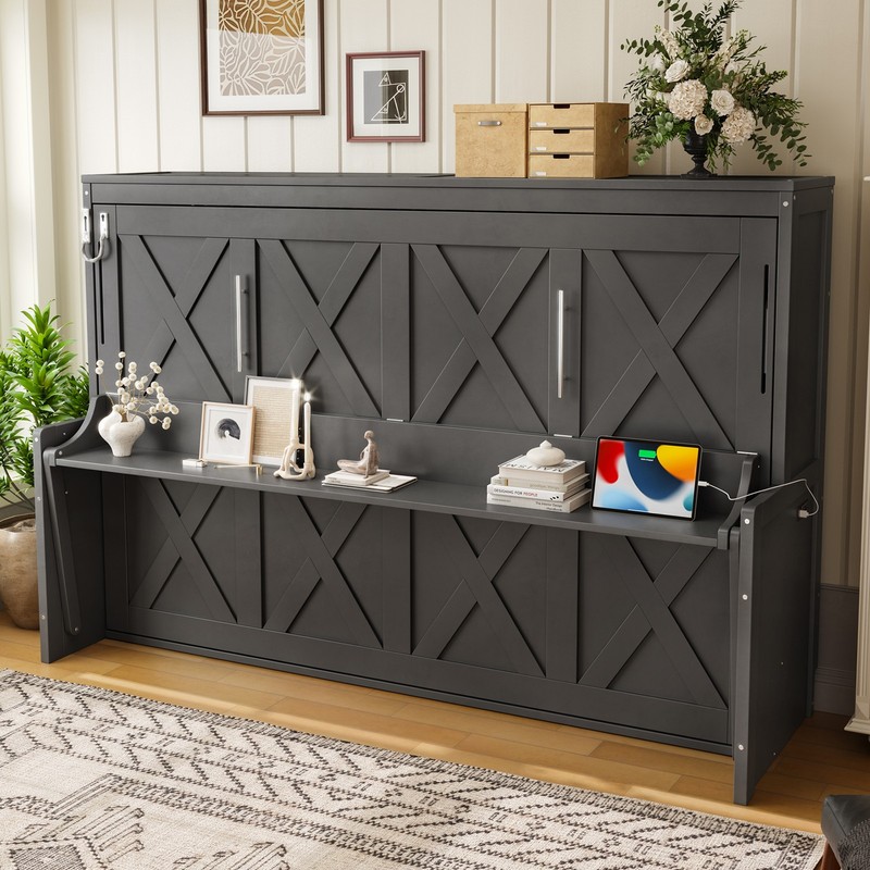 Full Size Murphy Bed with Foldable Desk Hydraulic Lift Wall Bed Dark Gray 83x59x gallery
