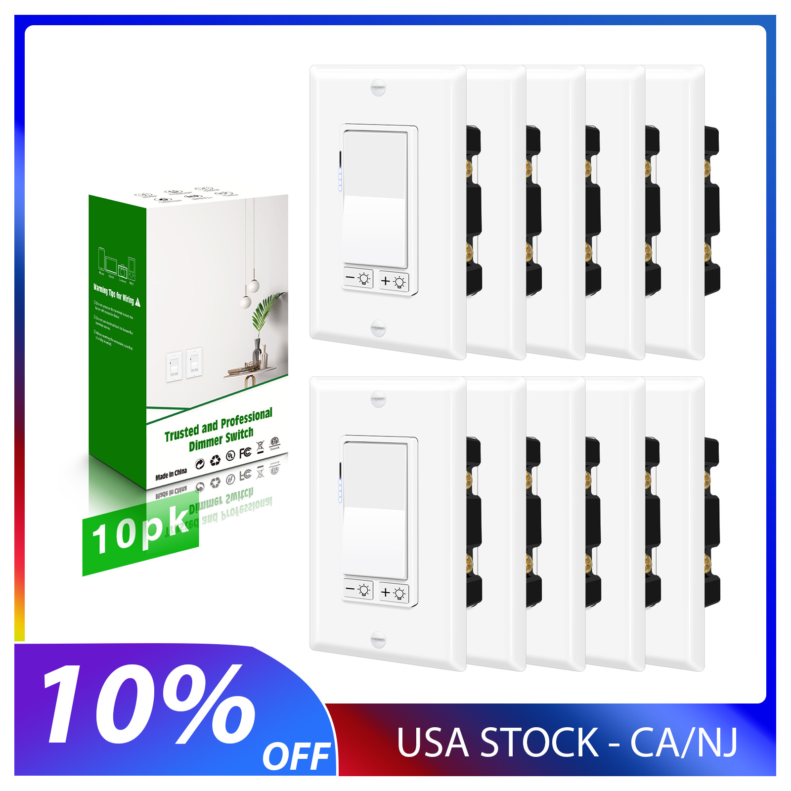10PK Dimmer Light Switch Single Pole or 3-Way for LED Incandescent CFL 15A 120V gallery