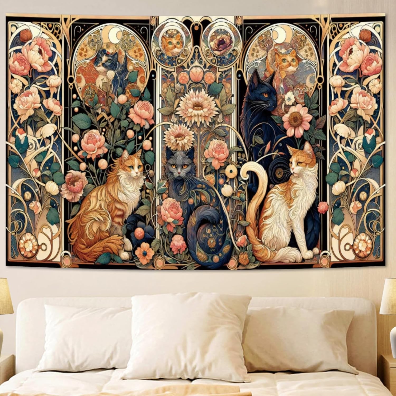 Apdidl Boho Floral Cute Wall Tapestry for Bedroom, Vintage Flower Cat Wall Hangi gallery