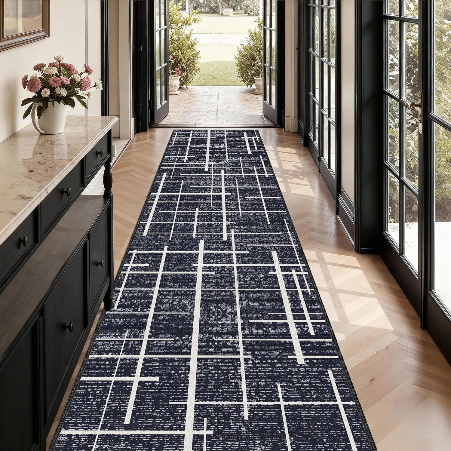 Non Slip Hallway Runner Rug 2.6x12, Modern Distressed Stripe, Washable Extra Lon gallery