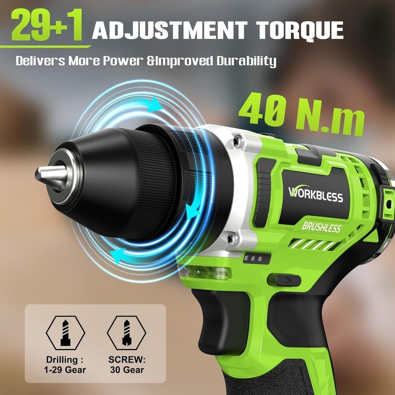 WORKBLESS 12V Cordless Power Drill Set w/ LCD Smart Display 18pc Drill Bits NEW gallery