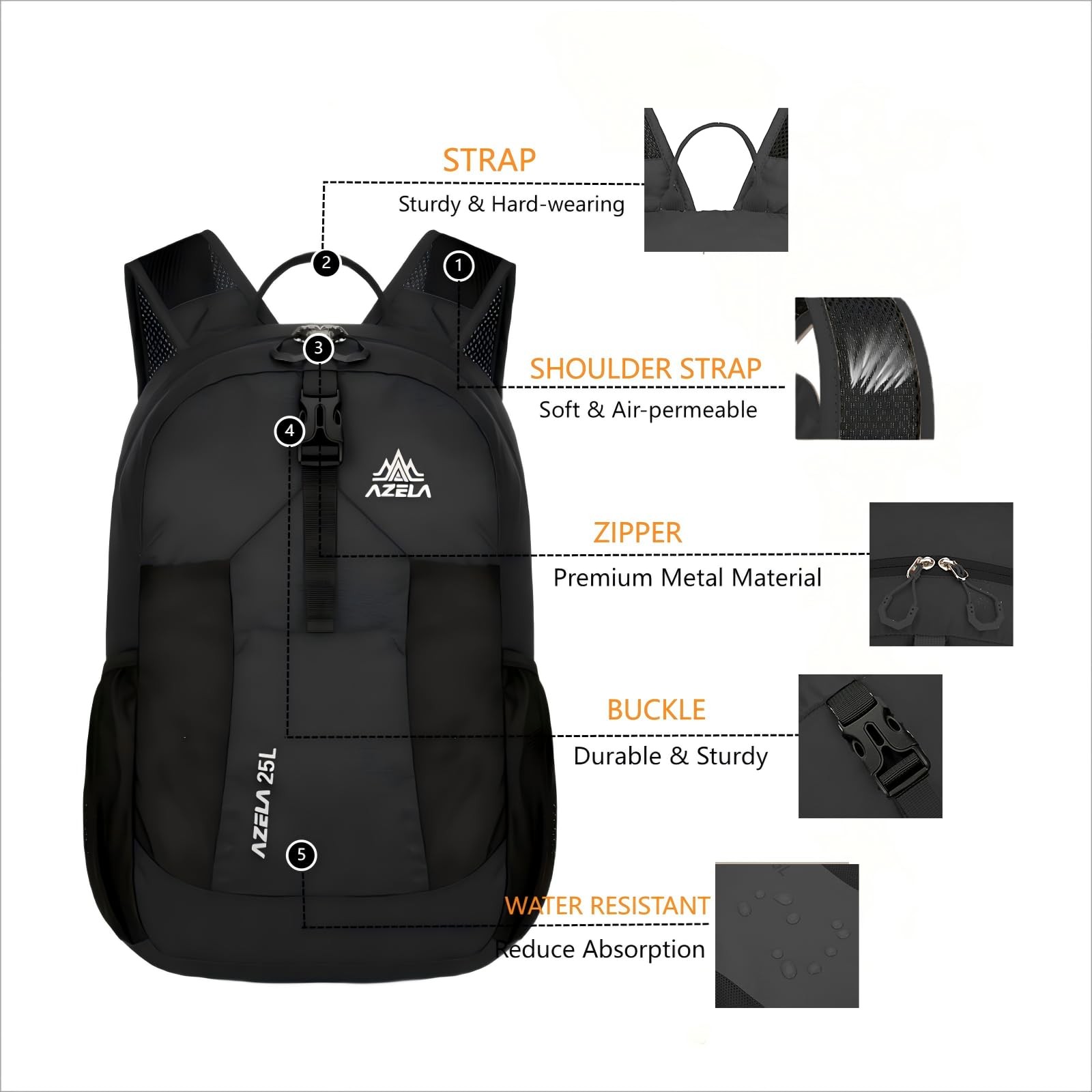 25L Black Lightweight Packable Backpack Foldable Daypack Travel Hiking 3