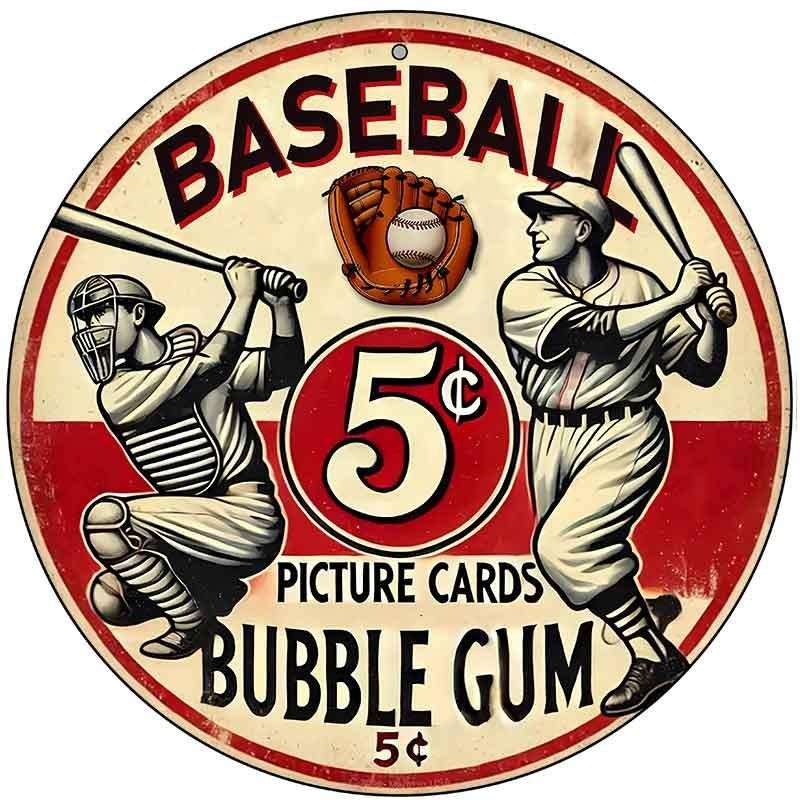 Baseball 12" Round Metal Sign Retro Bubble Gum Ad Man Cave Wall Decor Gift gallery