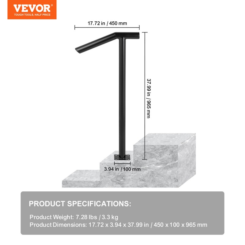 VEVOR 2-Step Handrail Single Post Handrail Round Metal Handrail for Stairs Matte gallery