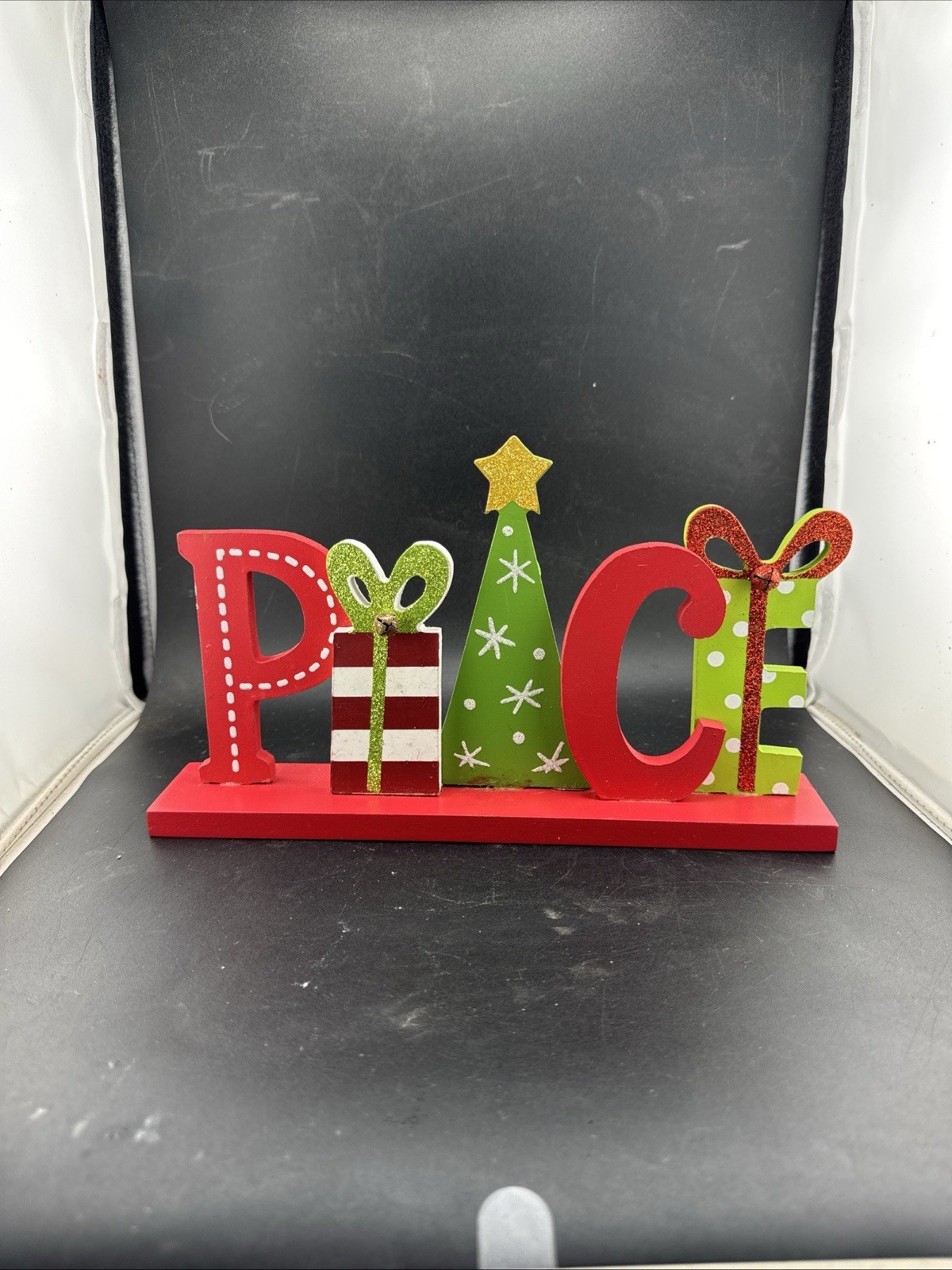 Christmas Peace Sign Shelf Display Decor Whimsical 2018 Hobby Lobby 11” X 6” gallery