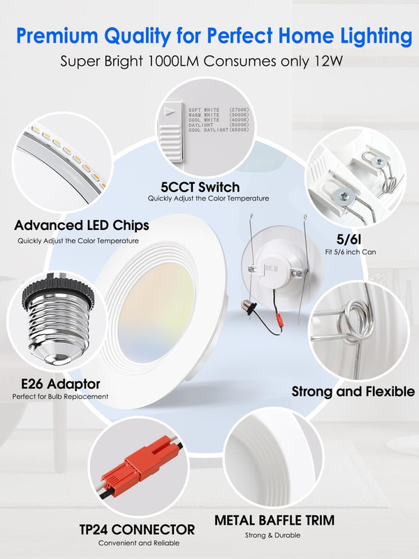 Energetic 12 Pack 5CCT Dimmable LED Recessed Lights, 1000LM, ETL & FCC Certified gallery