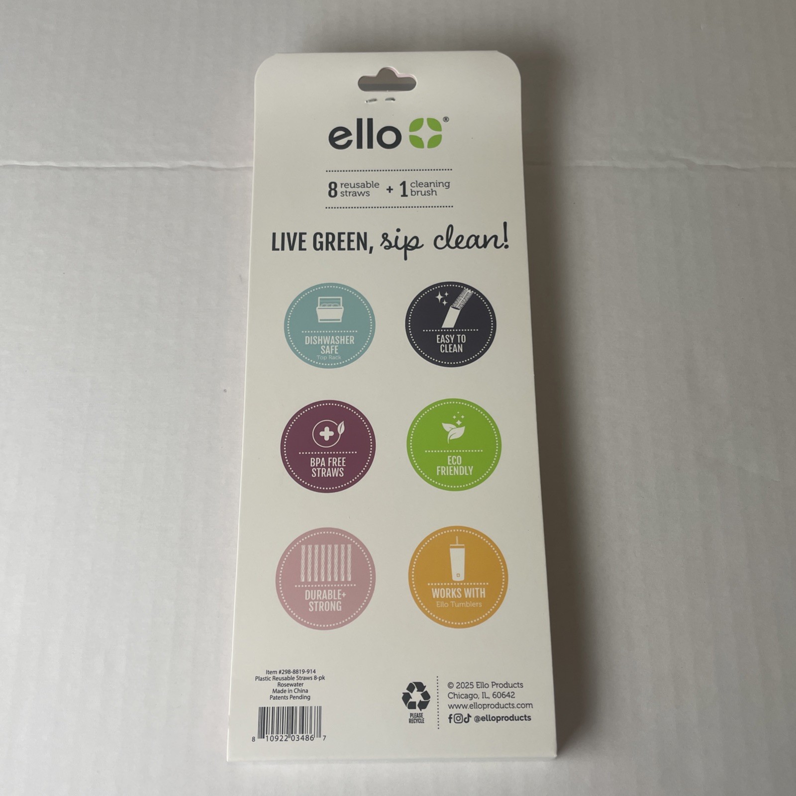 Ello 8 Reusable Straws & 1 Cleaning Brush Rosewater Dishwasher Safe - Brand New gallery