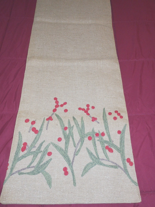 Christmas Table Runner Burlap w/Sparkle Threads Stems & Berries Lined 70" x 14" gallery
