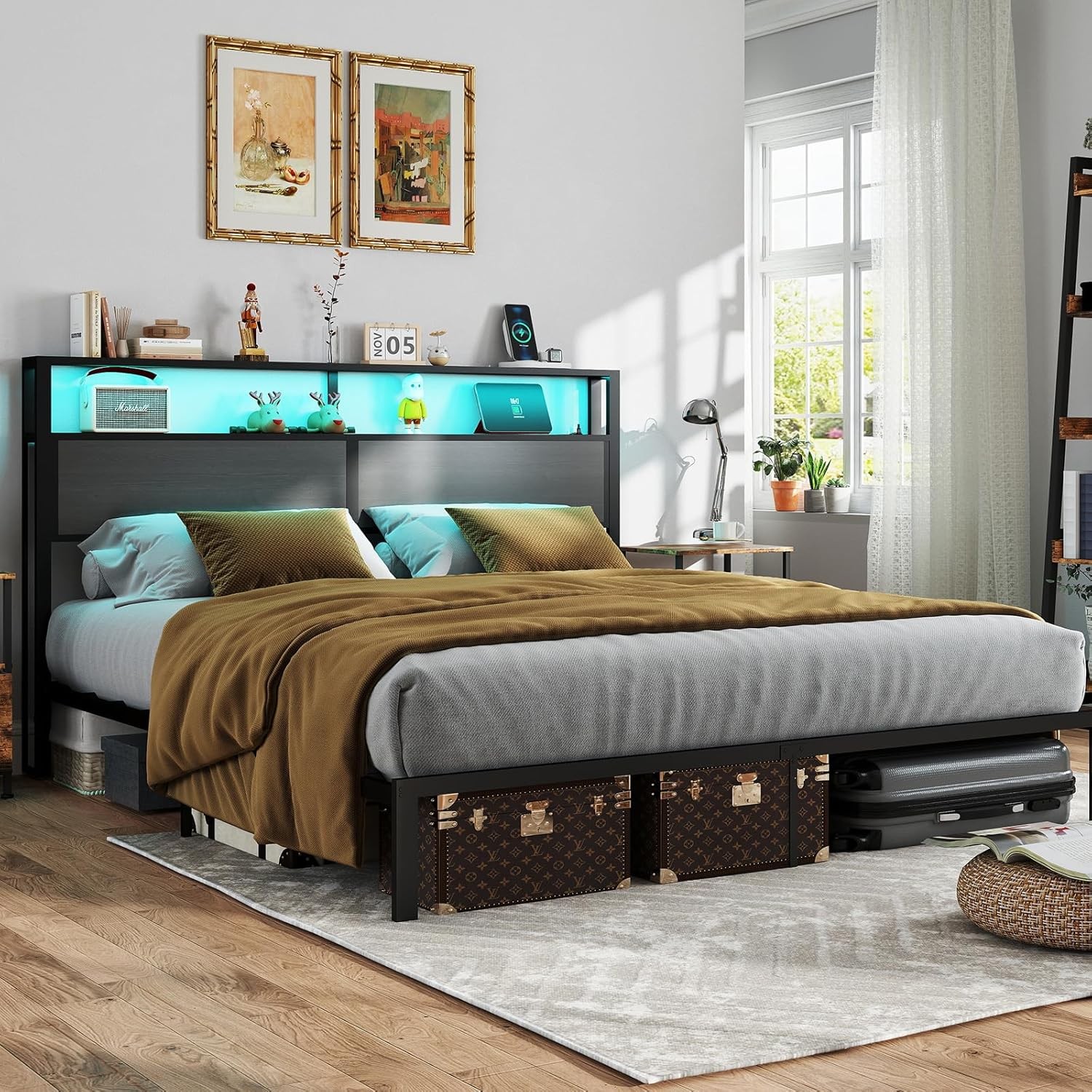 Metal Bed Frame Full/Queen/King with LED Storage Headboard and Charging Station gallery