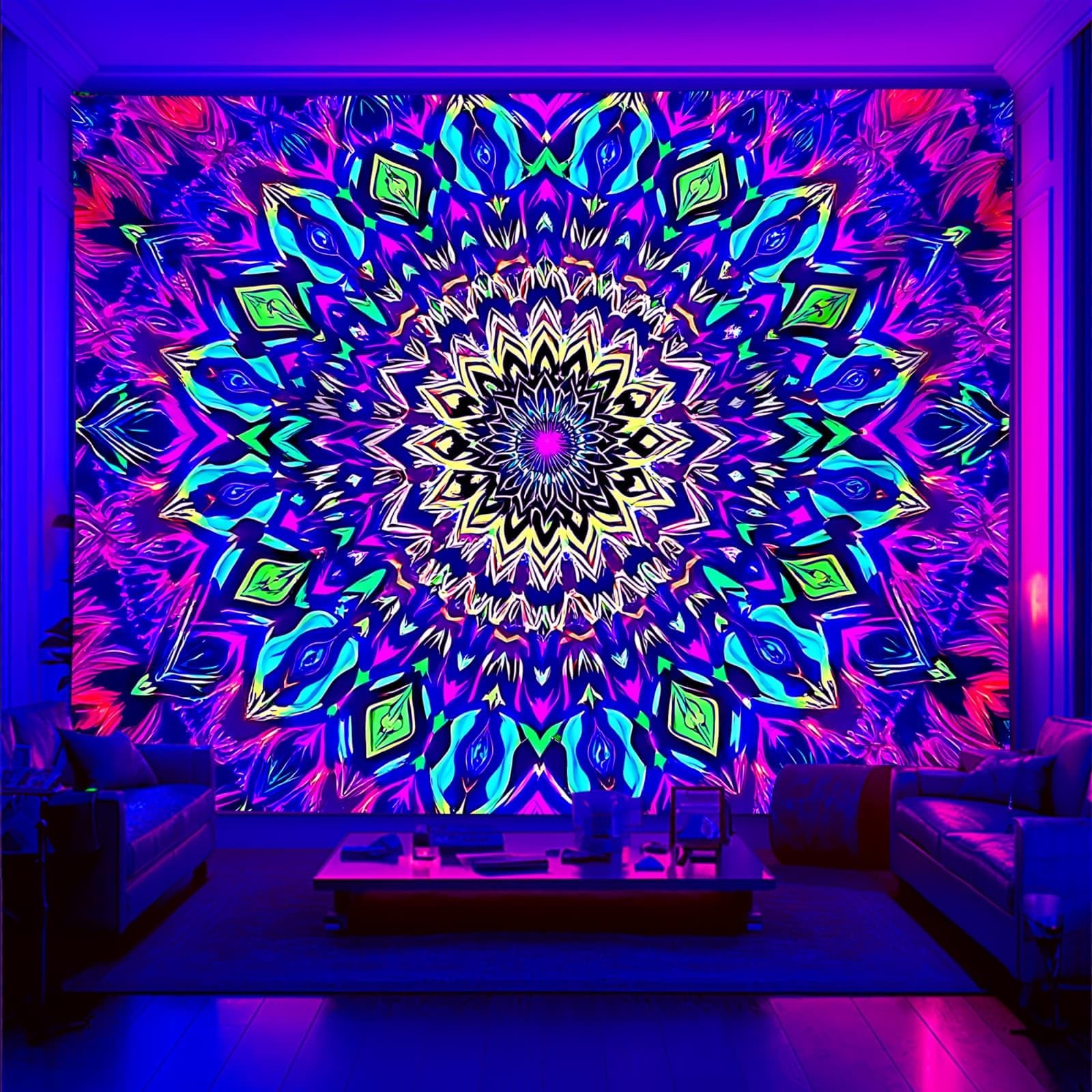 UV Reactive Blacklight Tapestry Mandala Large Bedroom Wall Hanging Art 80x60" gallery