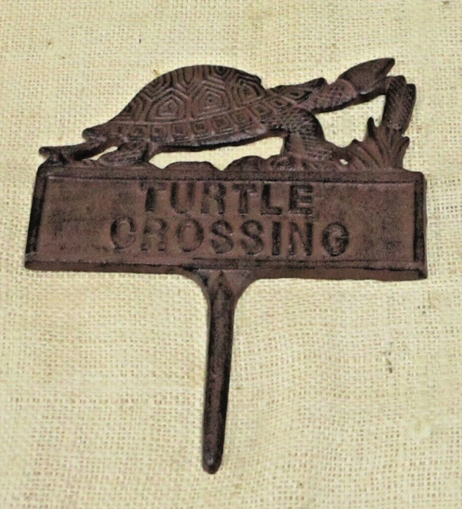 Cast Iron TURTLE CROSSING Sign Garden Stake Home Decor Pond Plaque Tortoise Lawn gallery