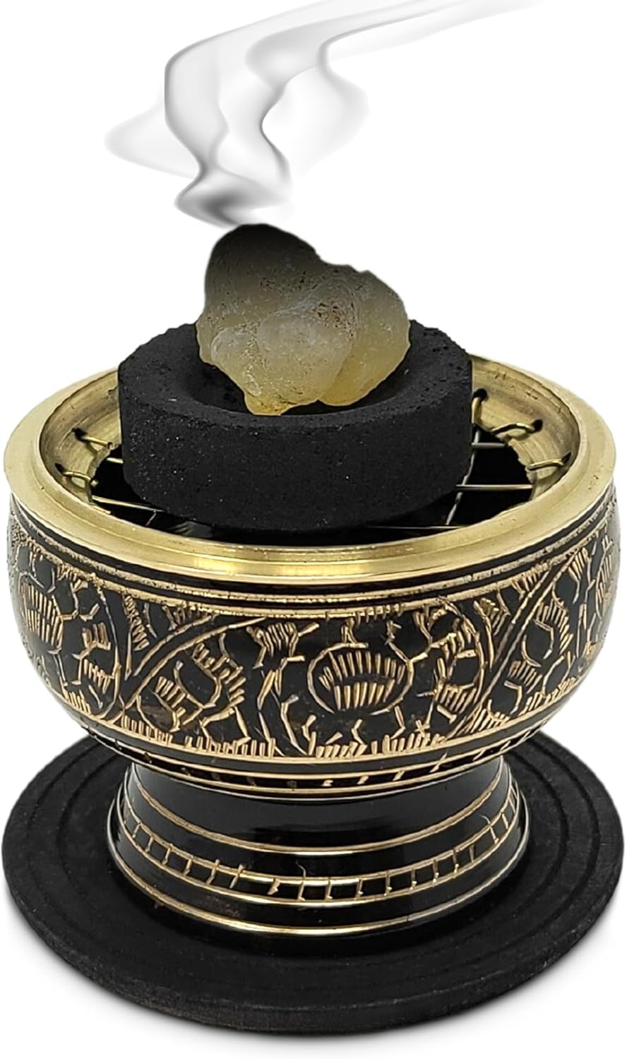 Small Decorated Brass Charcoal Screen Incense Burner with Wooden Coaster, 2-inch gallery