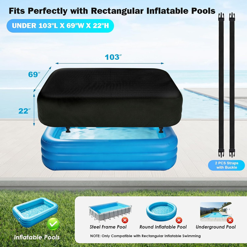 Rectangle Inflatable Pool Cover, Fits 103" L X 69" W Blow up Pool Cover with Ela gallery