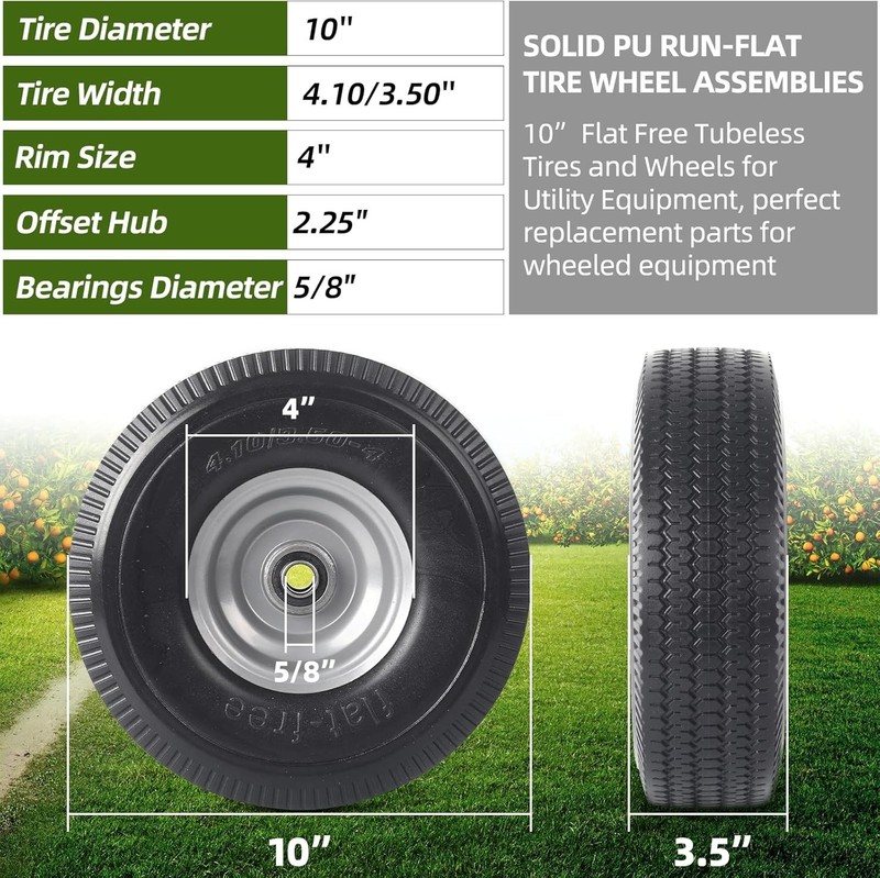 ARPRO 2Pack 10Inch Solid Wheel Replacement 4.10/3.504 Flat Free Tire and Whe... gallery
