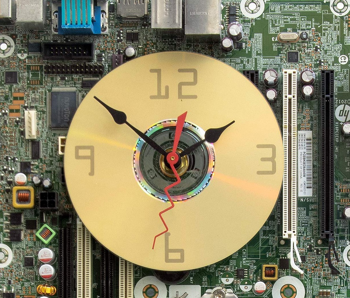 Recycled Computer Motherboard Pendulum wall clock, Quartz, time, upcycle, PC, gallery