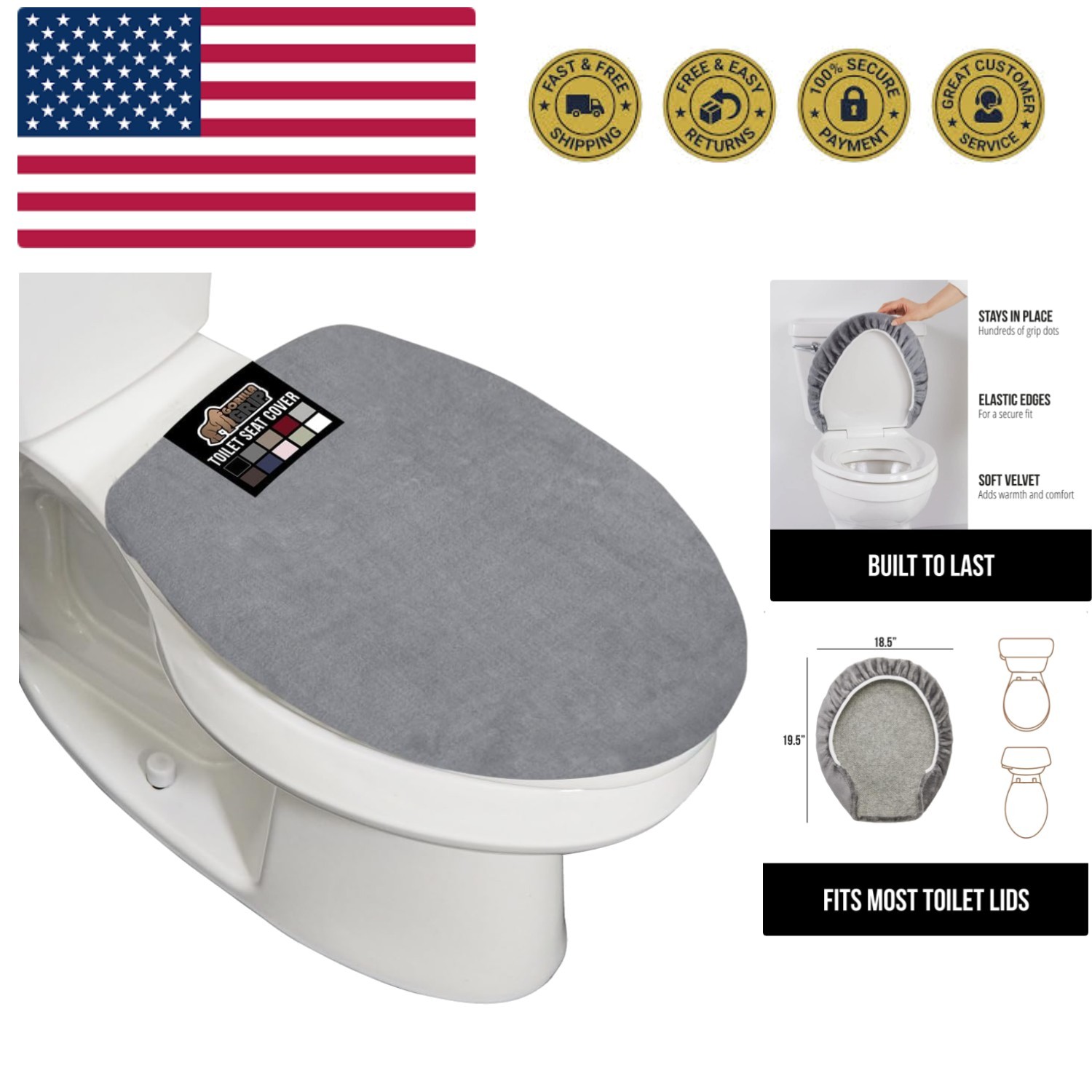 Thick Memory Foam Bathroom Toilet Lid Seat Cover, Soft Velvet Topside, Machin... gallery