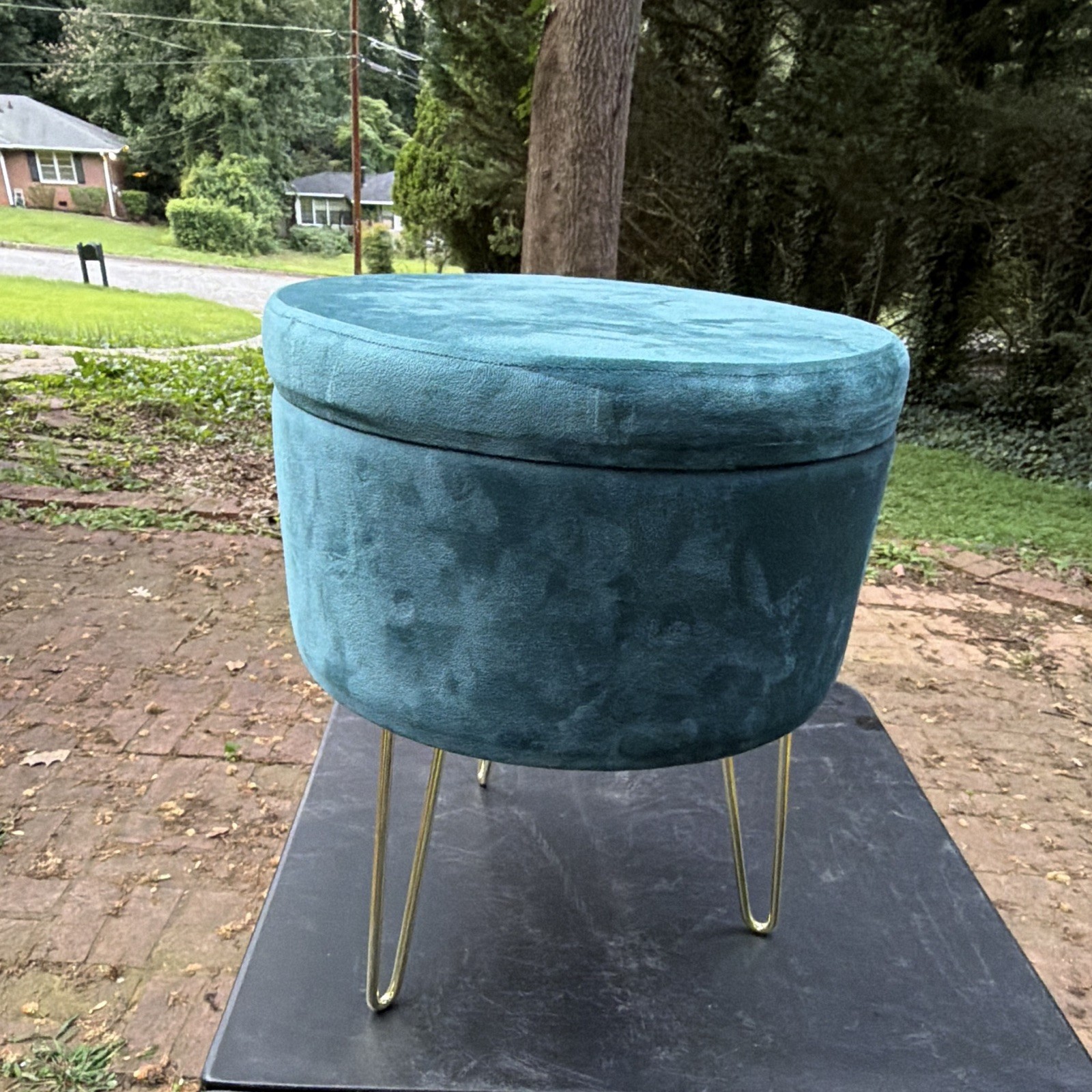 Round Teal Storage Ottoman with Lift-Off Lid, Metal Gold Hairpin Legs gallery