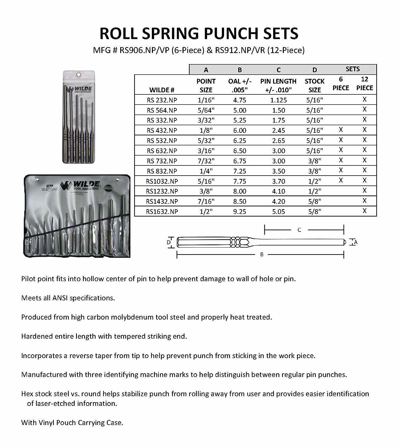 Wilde Tool USA Individual Roll Spring Pin Punches, Sizes 1/16-Inch - 1/2-Inch gallery