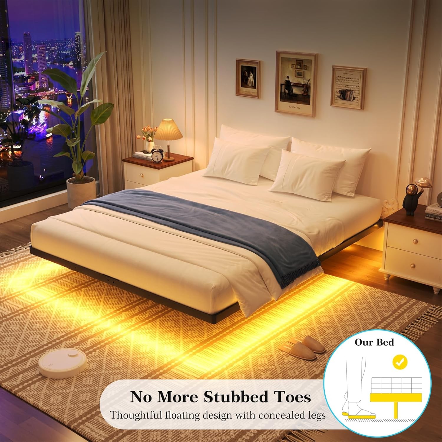 Floating Bed Frame Queen Size Queen Bed Frame W/ Smart LED Lights Heavy Duty gallery
