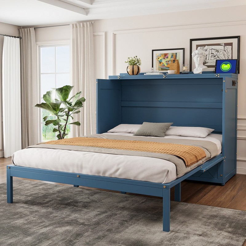 Queen Murphy Bed Wall Cabinet w/ Socket USB Ports & Drawer, Navy Blue gallery
