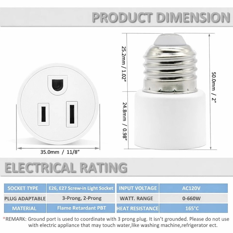 E26/E27 Light Socket to Plug Adapter 2/3 Prong Light Bulb Outlet Adapter 1 Pcs gallery
