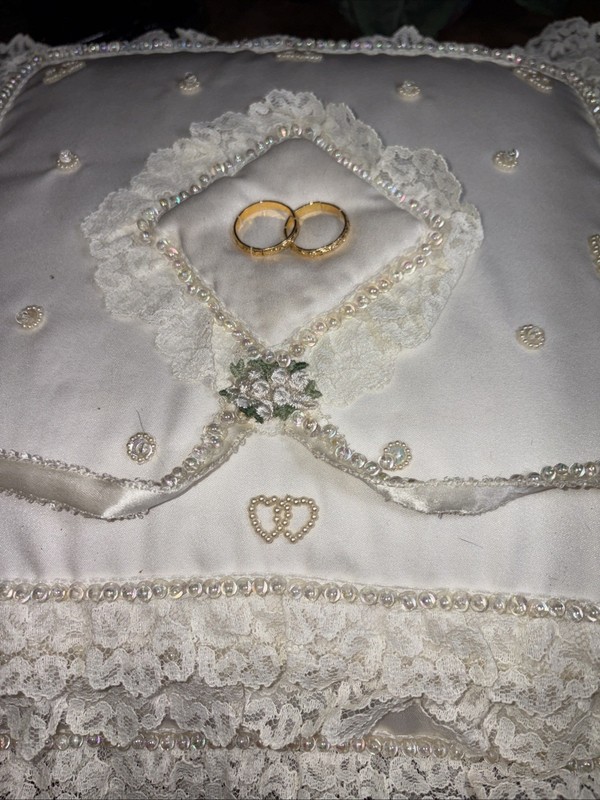 Vintage Wedding Ring Pillow Ring Bearer Lace Iridescent Beads13 X 13 Inches.￼￼ gallery