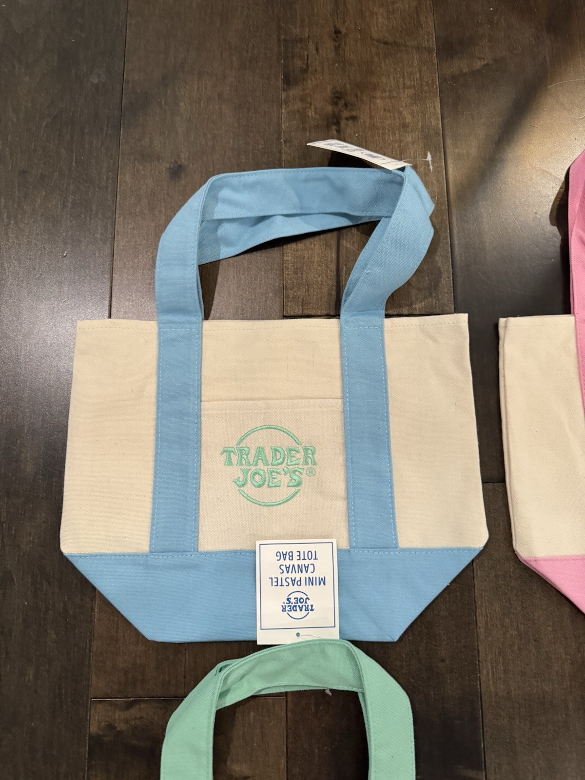 Trader Joe’s Mini Pastel Canvas Tote Bag Set Of 4 NWT Blue Green Pink Purple Sp gallery