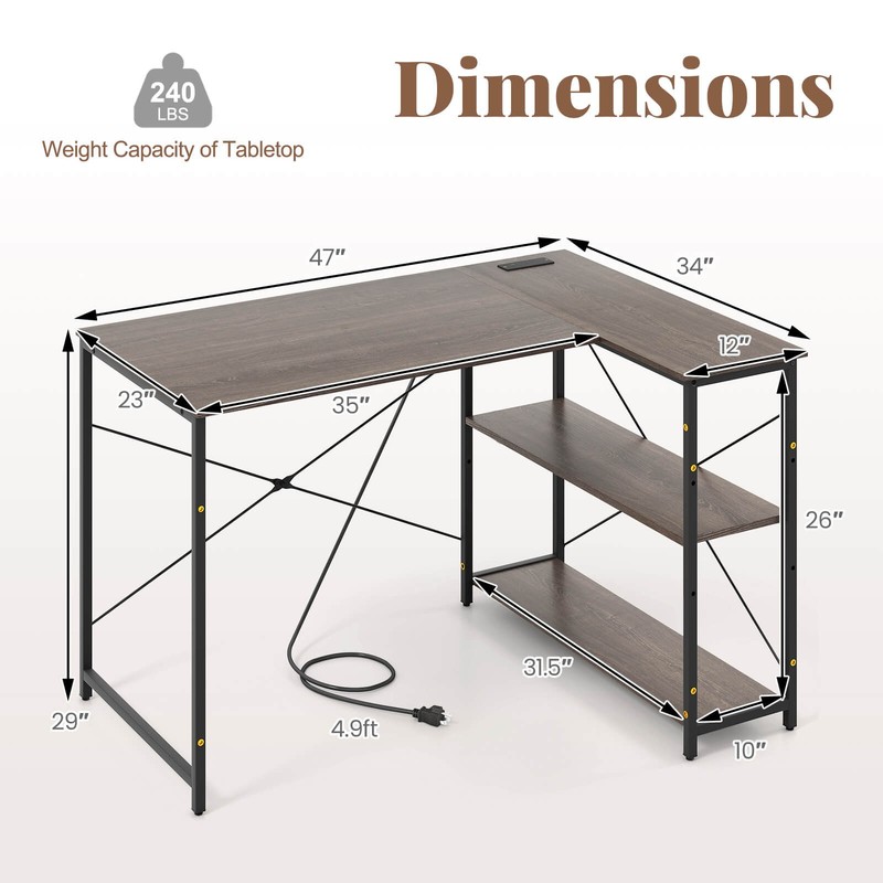 48" Reversible L Shaped Computer Desk Home Office Table Adjustable Shelf Gray gallery