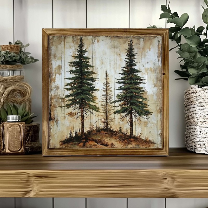 Rustic Framed Pine Tree Art Vintage Forest Landscape Farmhouse Wooden Wall Decor gallery