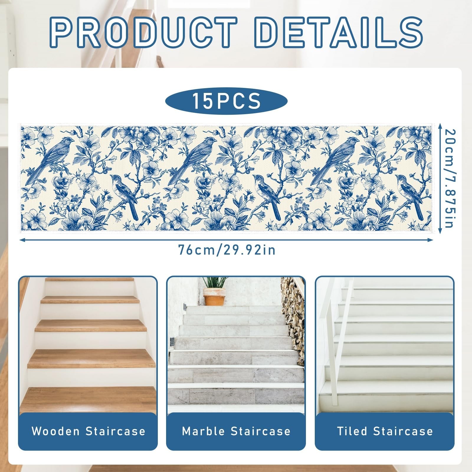 Non-Slip Carpet Stair Runner, 15 Pack Blue Floral Birds Stair Treads for Wood... gallery