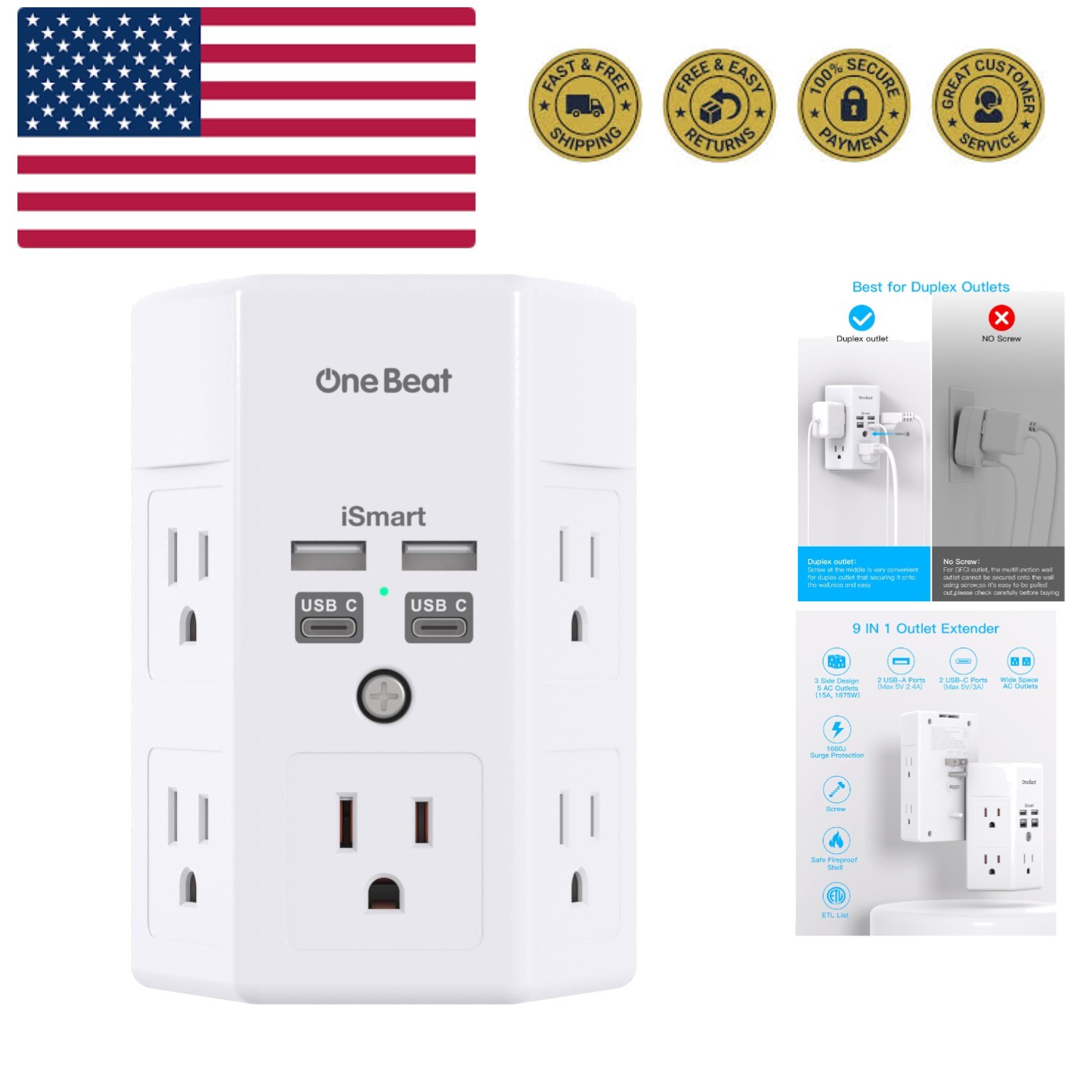 1680J 3 Side Power Strip Multi Plug Expander, Surge Protector, 5 Outlets Exte... gallery