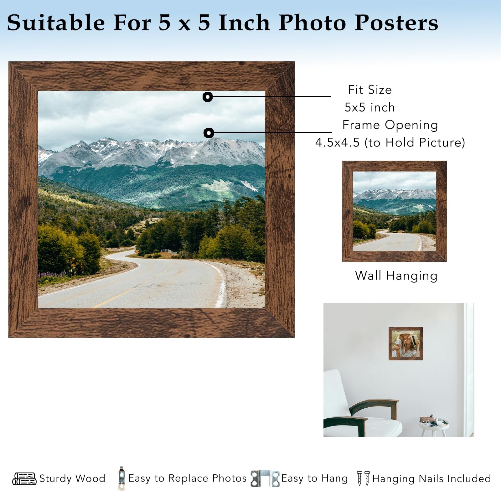 QOTIB 5x5 Picture Frame Deep Brown for Wall Hanging or Tabletop, Wood 5 x 5 F... gallery