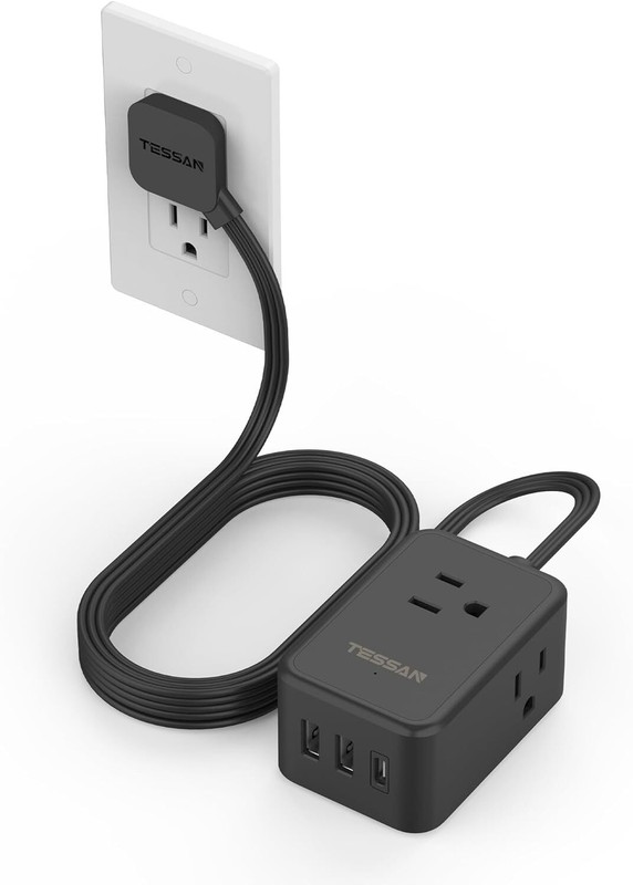 Thin Flat Plug Power Strip with USB 3 Outlet Slim Cord Portable for Travel Ship gallery