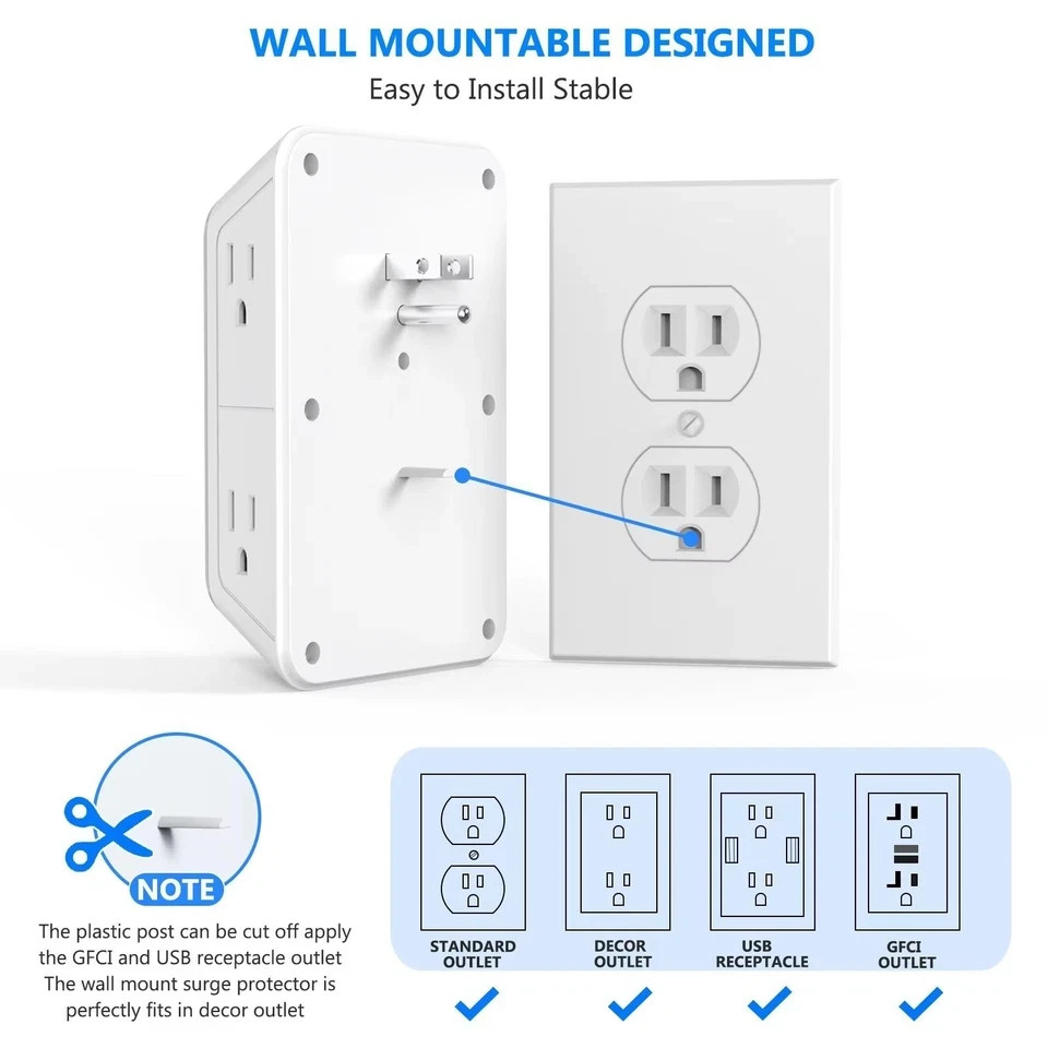 6 Outlet Extender Surge Protector Multi Plug Wall Adapter USB Charger Ports with gallery