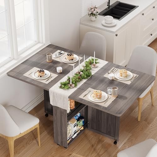 Folding Dining Table with Storage, Folding Kitchen Table with 6 Wheels, Grey gallery