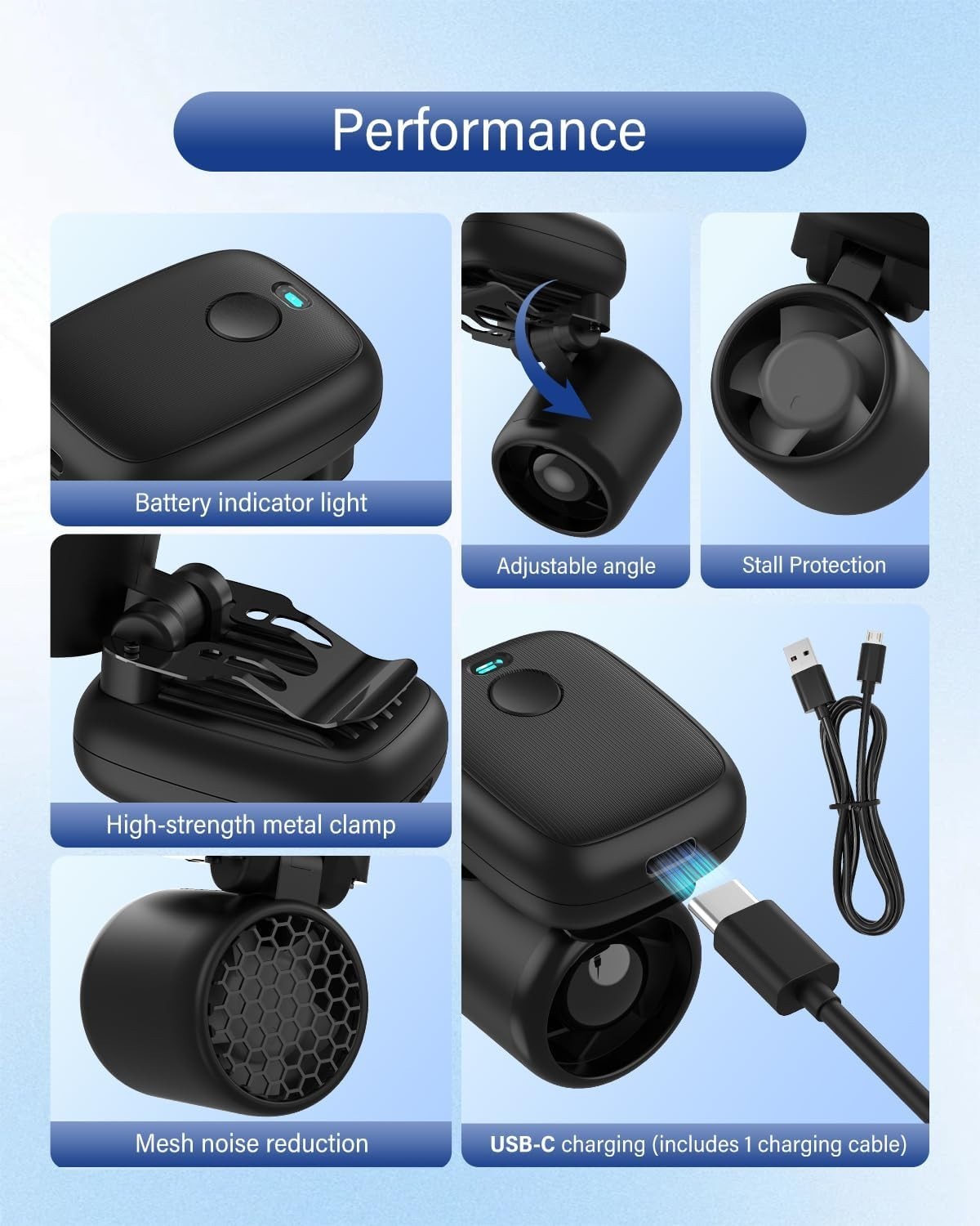 Mini Clip On Fan Portable 2oz USB-C Rechargeable 3 Speed Hands Free Hat Fan gallery